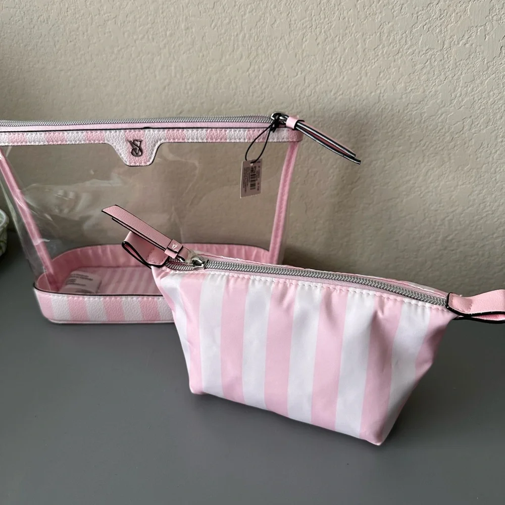 Victoria's Secret Pink & White Striped Clear Cosmetic Pouch Set - Picture 2 of 2